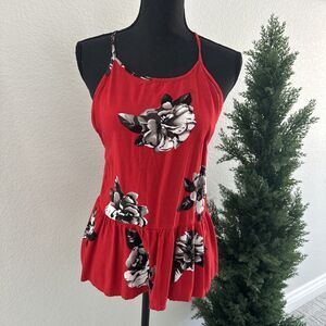 Volcom Tank Top Blouse, Floral Red Size Large Lightweight Sleeveless High Neck
